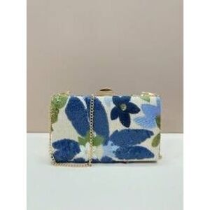 Blue Stunning Sequined Embroidered Floral Evening Clutch Bag